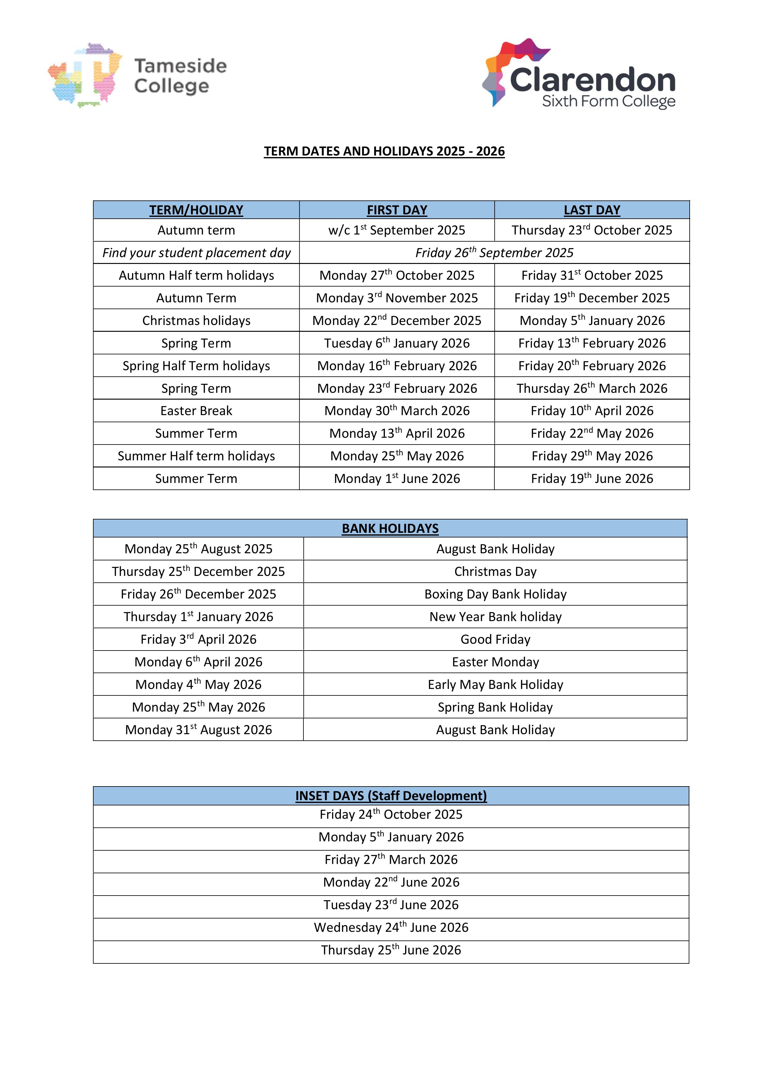 Term Dates 25/26